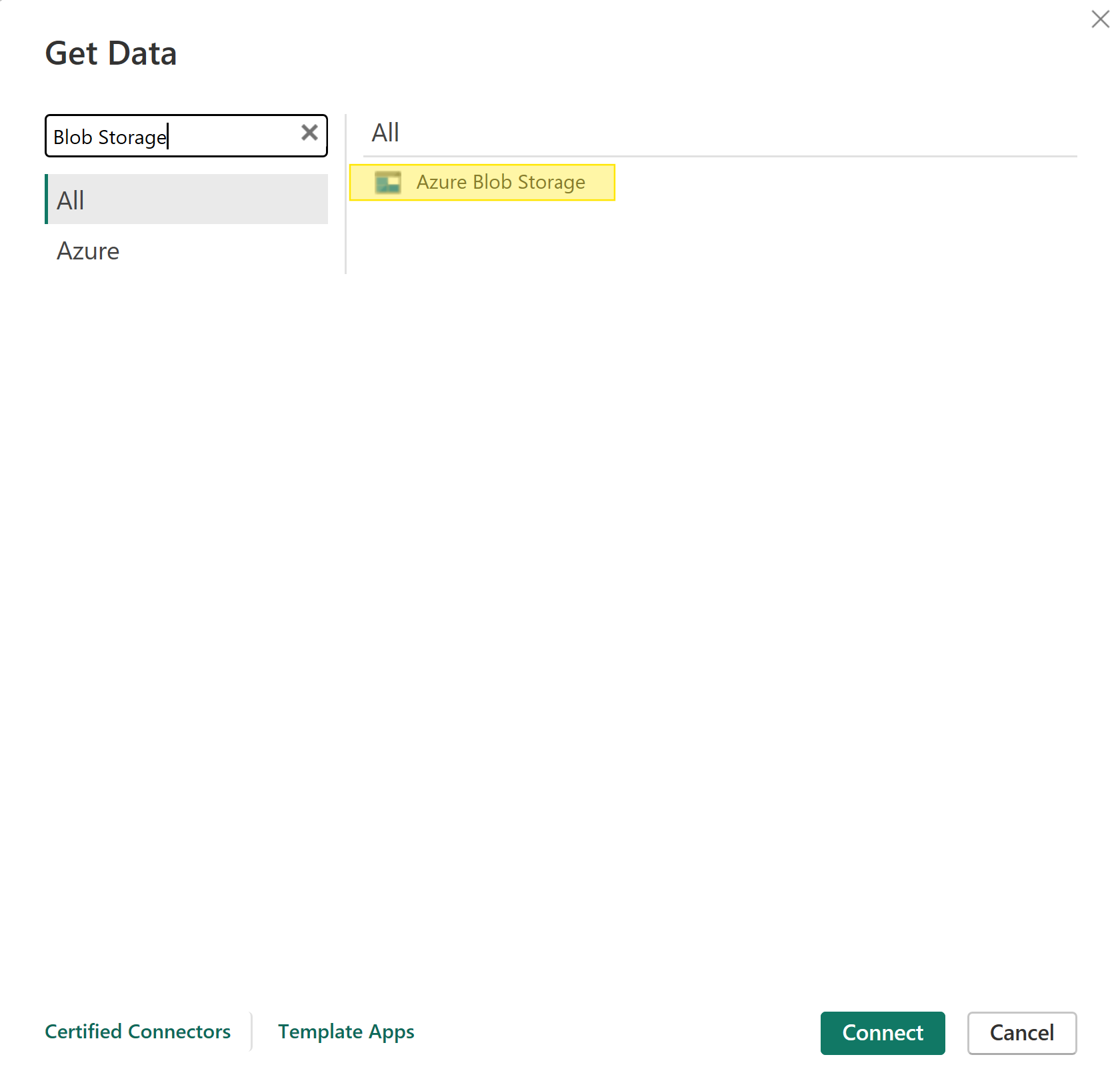 The "Get Data" popup is open. "Blob Storage" is typed into the search box. The field "Azure Blob Storage" is highlighted in yellow.