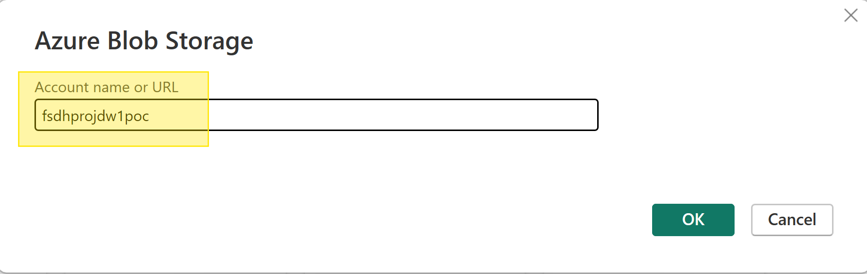 The "Azure Blob Storage" popup is open. The field to input the account name or URL is highlighted in yellow.