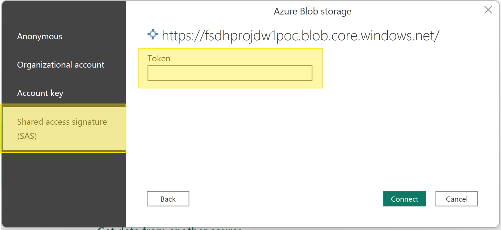 The "Azure Blob Storage" popup is open. The sidebar button for shared access signature (SAS) is selected and highlighted in yellow. The field to input the token is also highlighted in yellow.