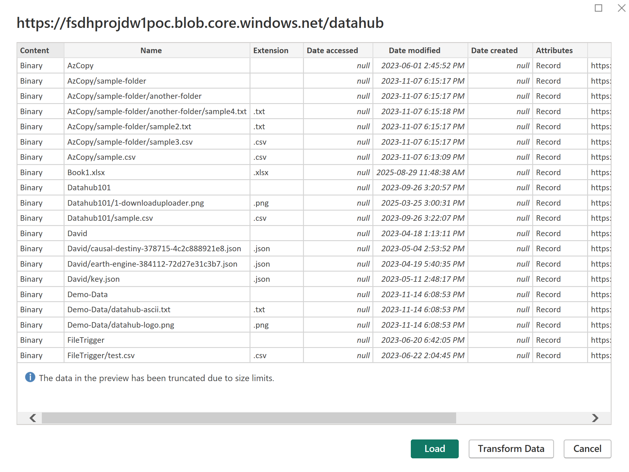 A preview of the data stored in the Blob Storage container is shown and is ready to load.