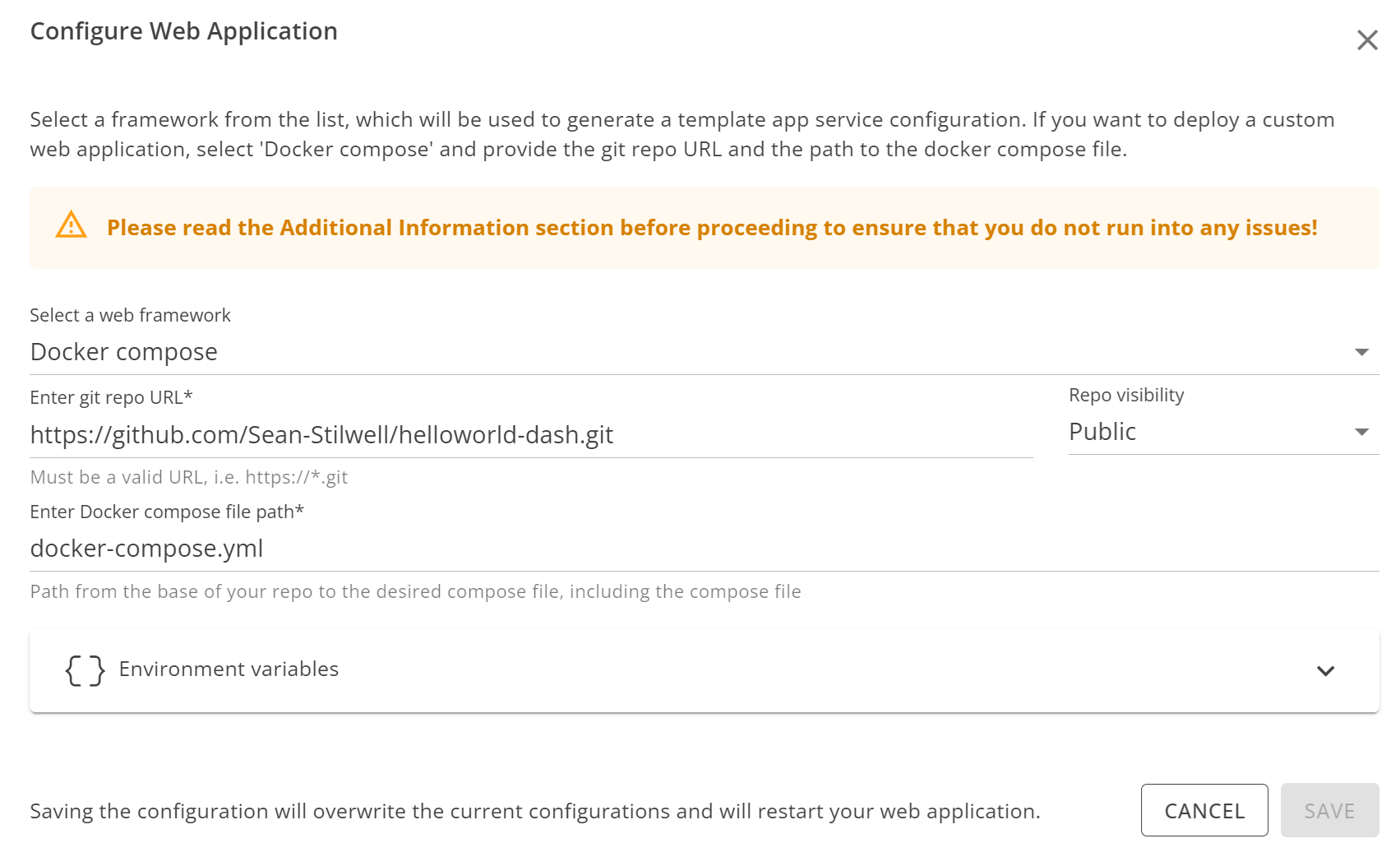 Configuration menu for an app service