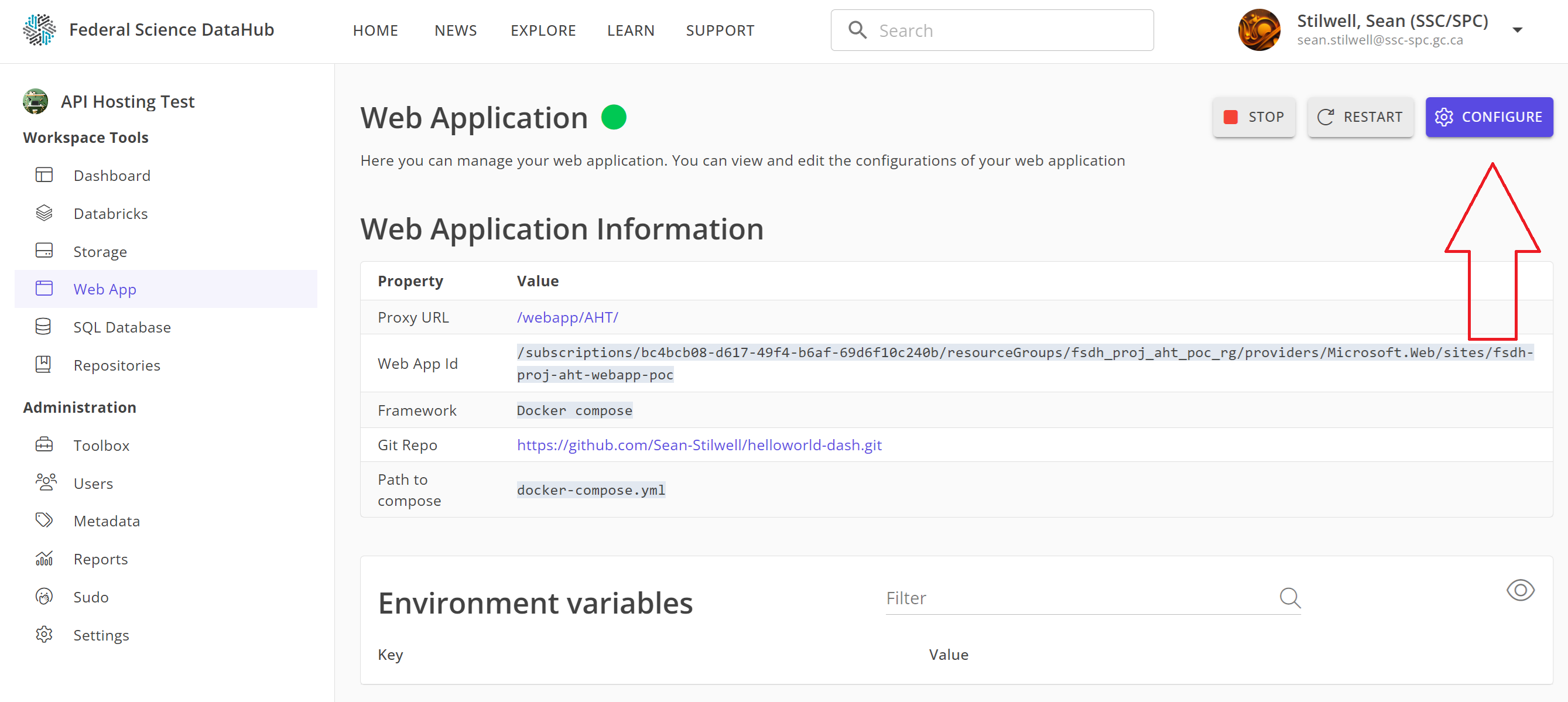 Accessing app service configuration menu