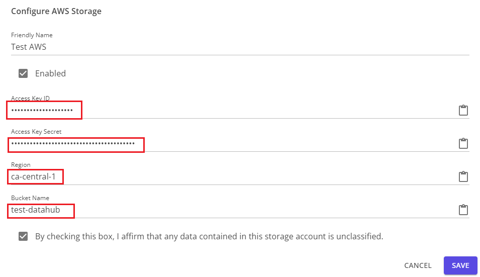 AWS configuration dialog