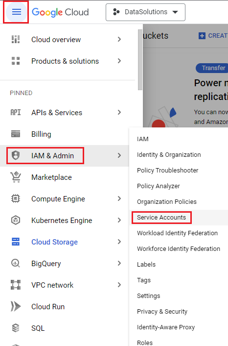 Service accounts in menu