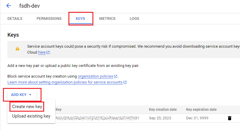 Page utilisateur du compte de service