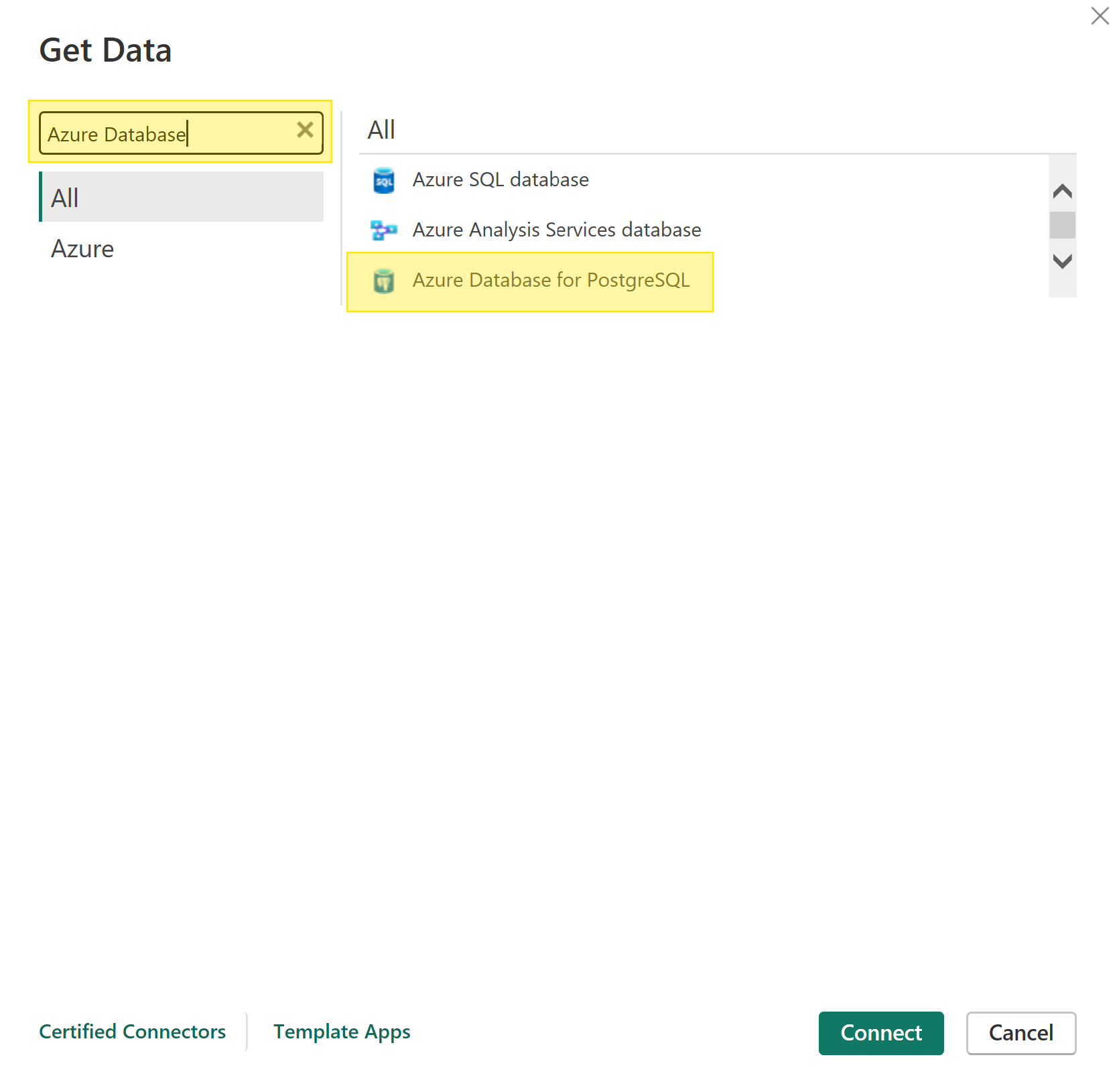 The "Get Data" popup is open. "Azure Database" is typed into the search box. The field "Azure Database for PostgreSQL" is highlighted in yellow.