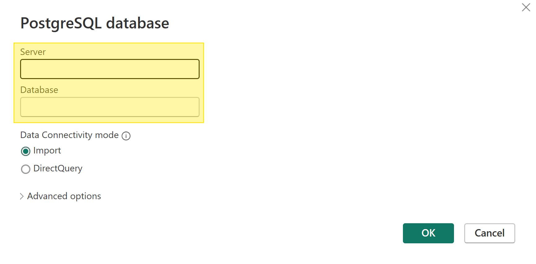 The PostgreSQL database connection popup is open. The "Server" and "Database" fields are highlighted in yellow.