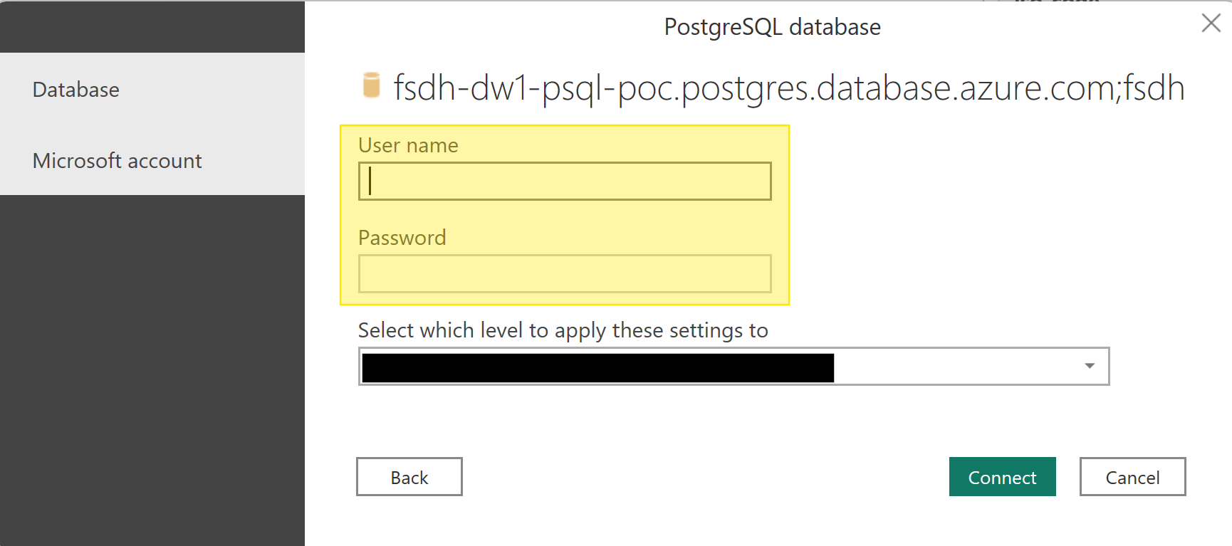 The PostgreSQL database connection popup is open. The "User name" and "Password" fields are highlighted in yellow.