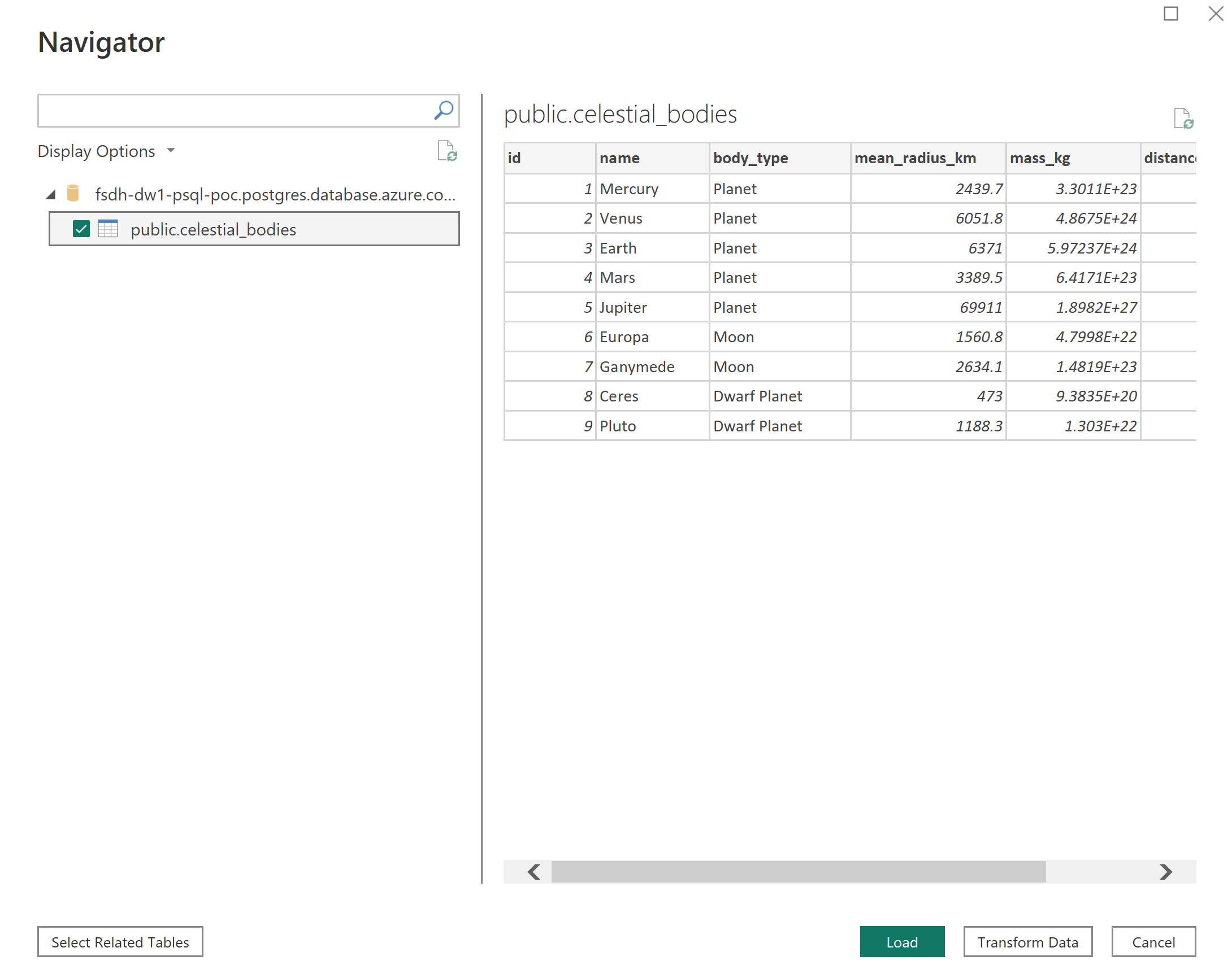 The Navigator window is open. It shows a table from the database in the preview screen and is ready to import.